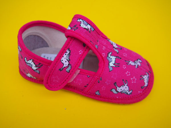 Detské barefoot papučky Beda - ružové jednorožec BAREFOOT SLIM