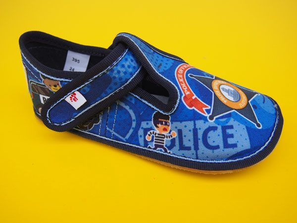 Detské barefoot papučky EF - modré polícia BAREFOOT