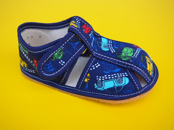 Detské barefoot papučky Baby Bare - modré s autíčkami BAREFOOT