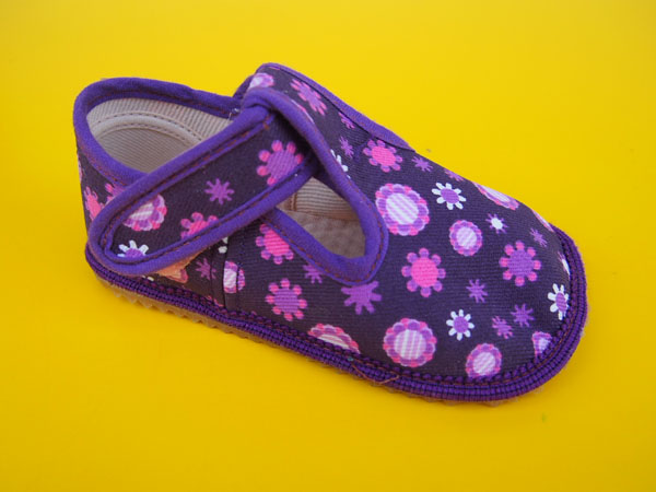 Detské barefoot papučky Beda - fialové kvietky BAREFOOT