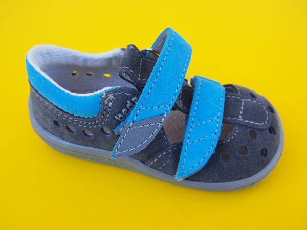 Detské kožené sandálky Beda - Robin šedomodré BAREFOOT